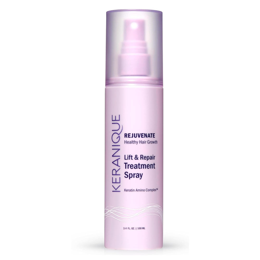 Keranique Hair Thickening Spray bottle close-up showing instant volume and lift
