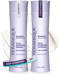 Keranique Hydrating Shampoo bottle illustrating deep hydration for dry thinning hair