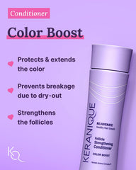 Graphic of Keratin Amino Complex reinforcing hair fibers.