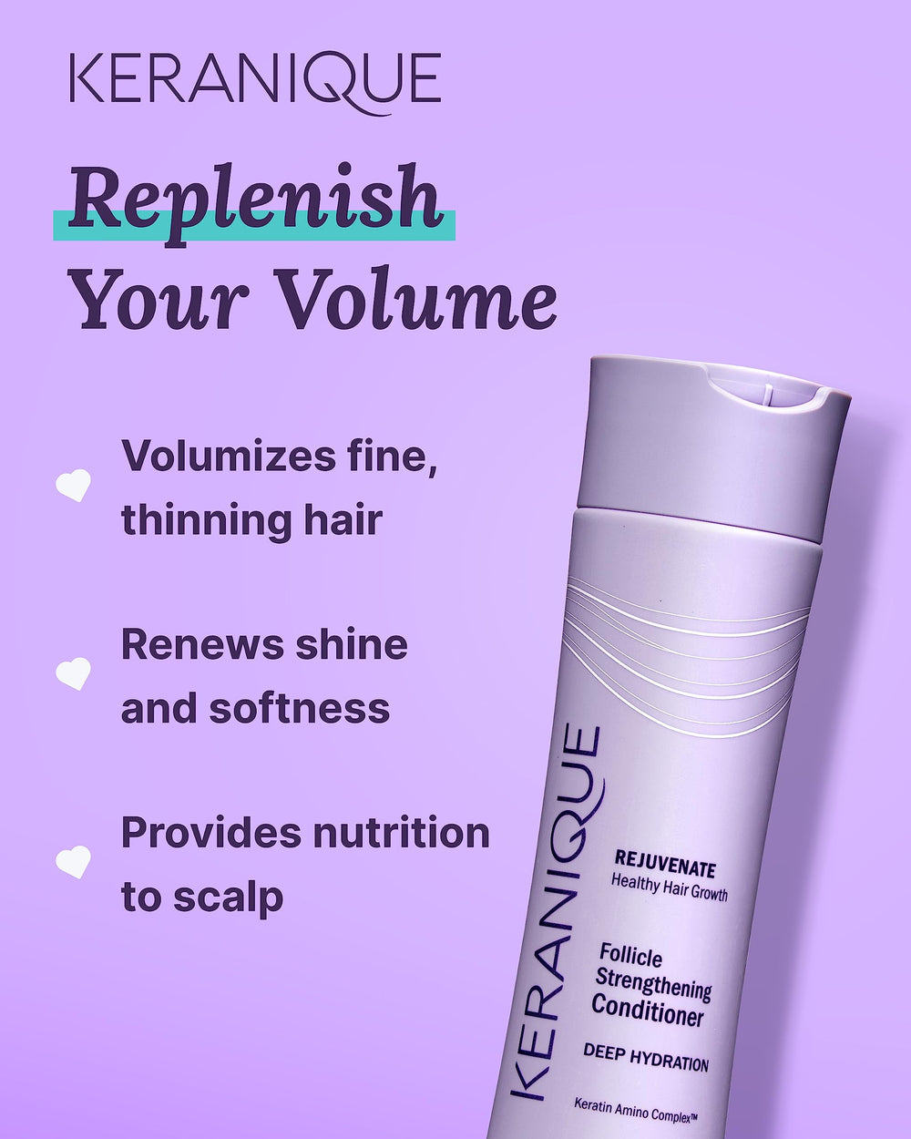 Keranique Keratin Amino Complex label close-up emphasizing strength