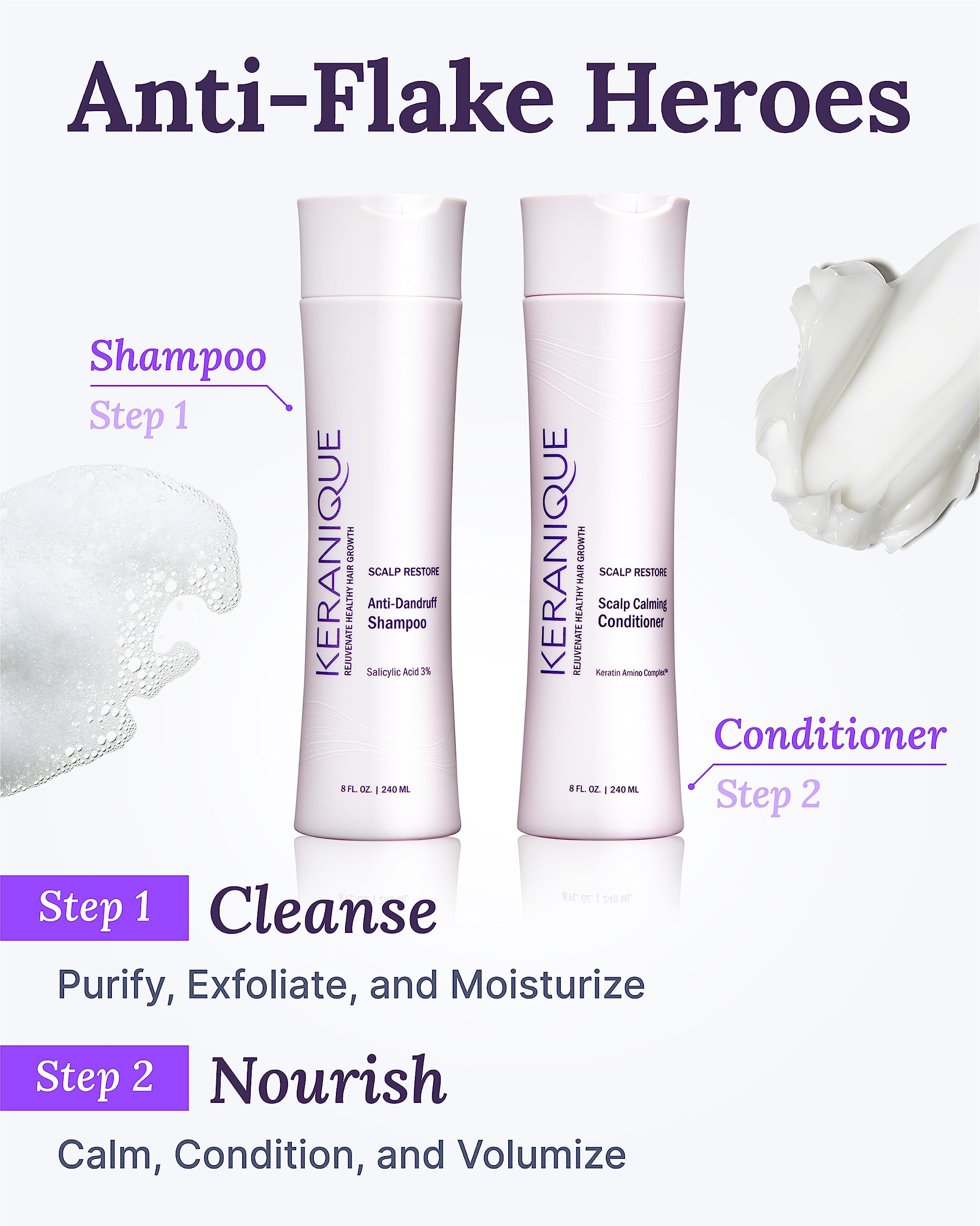 Keranique keratin amino complex strengthening image highlights stronger-looking strands.
