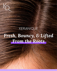 Keranique lightweight conditioner application shows volume without weighing hair down.