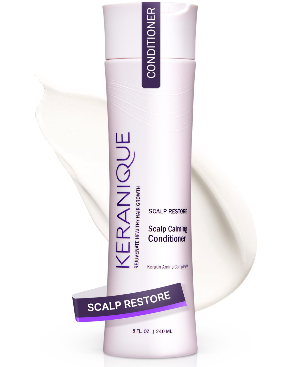 Keranique Scalp Restoring Conditioner bottle hero shows soothing dry scalp with gentle exfoliation benefits.