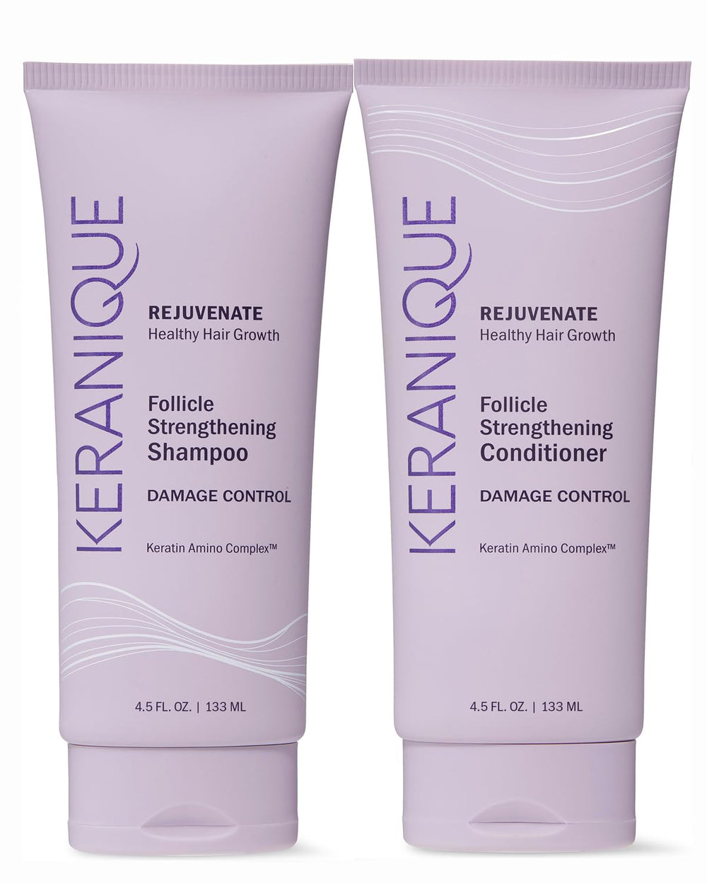Keranique shampoo bottle front for damaged hair, anti-breakage potential.