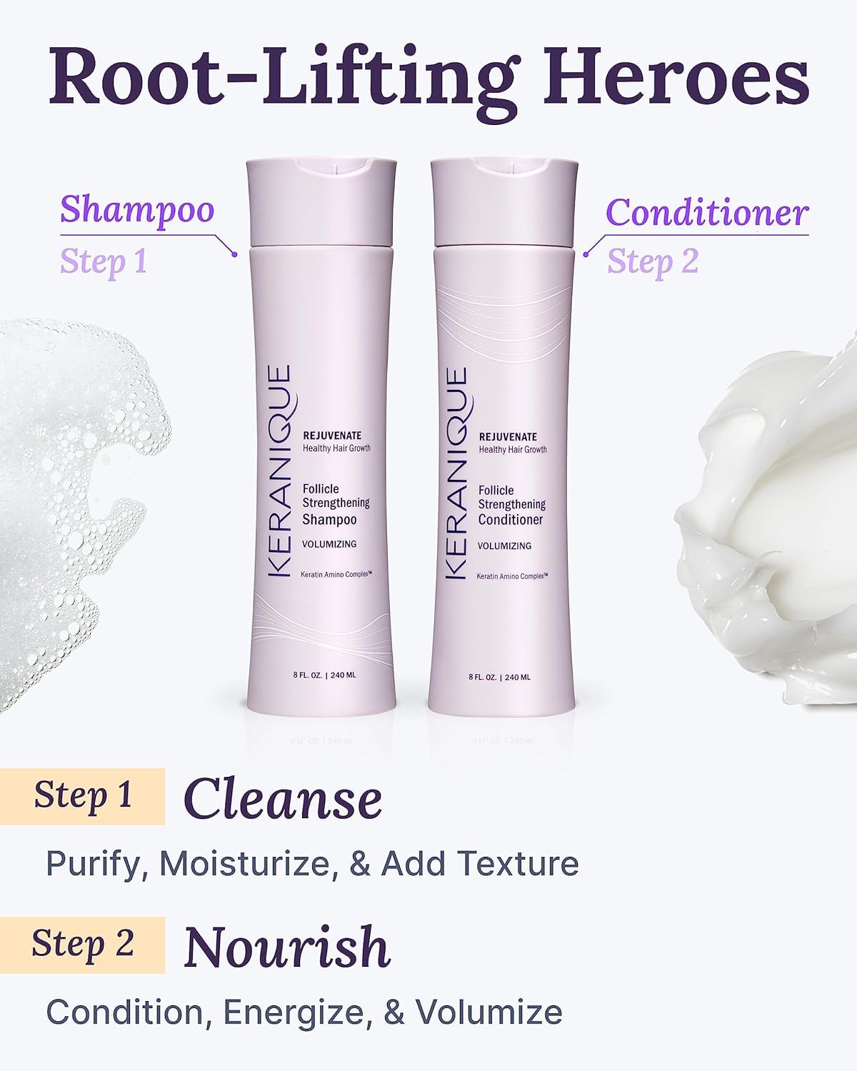 Close-up of rich lather from Keranique shampoo promoting volume.