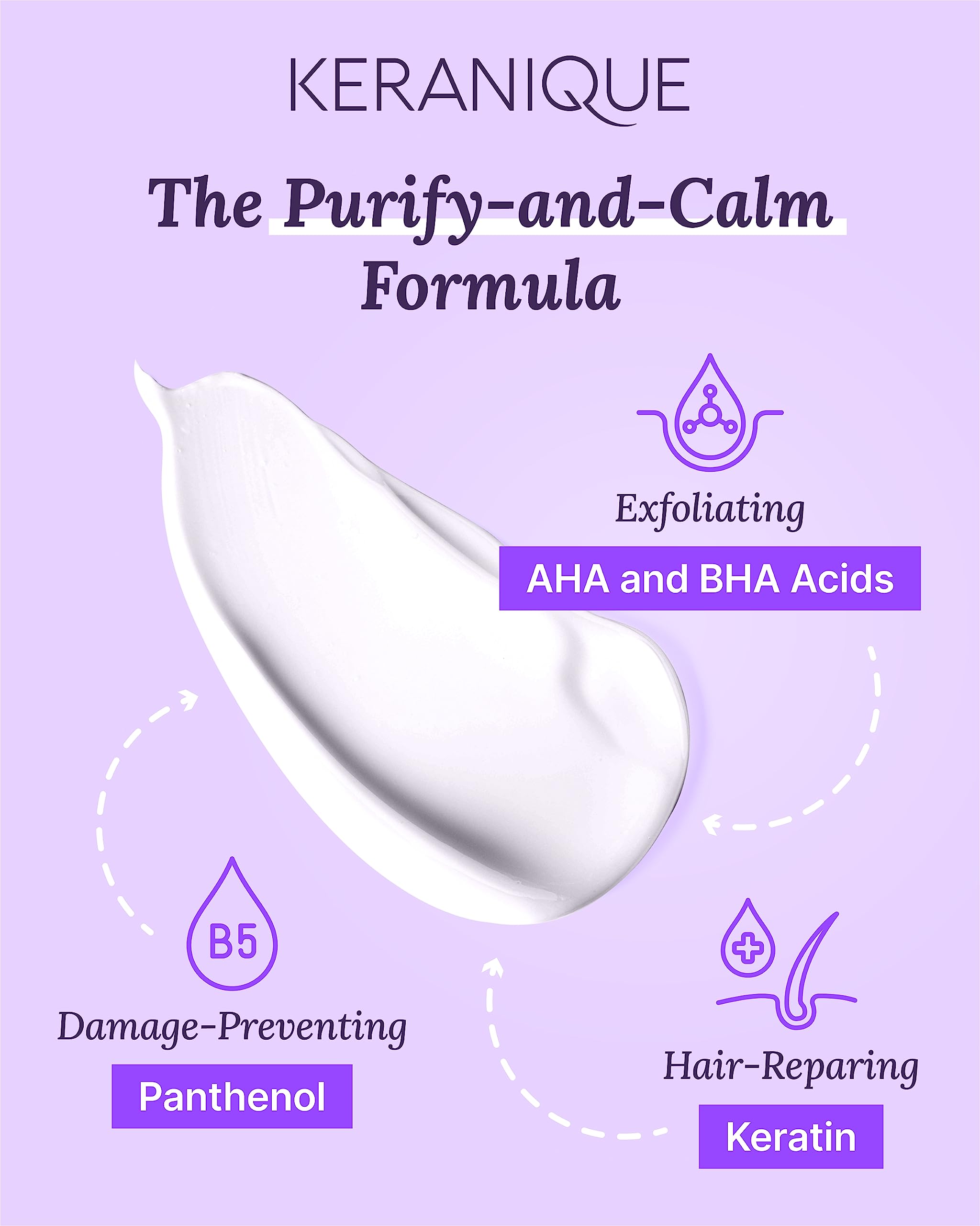 Keranique sulfate-free label close-up communicates a color-safe, gentle formula.