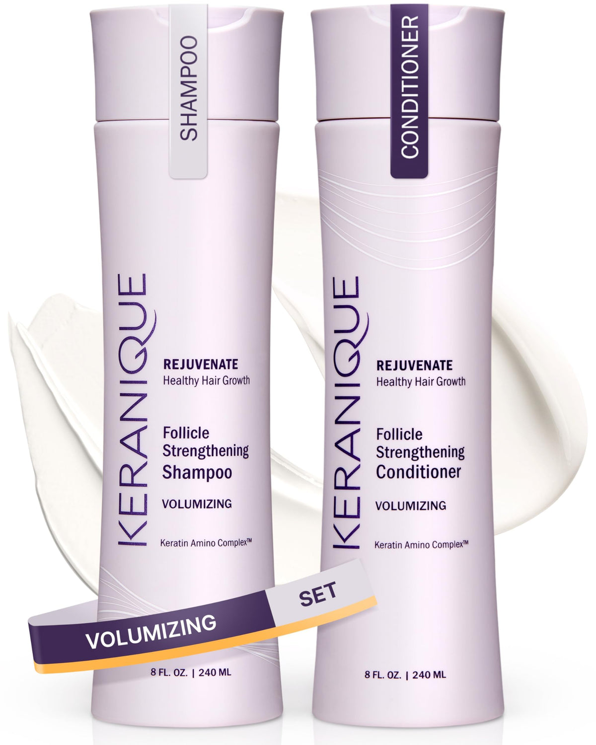 Keranique volume shampoo bottle showing fullness-boosting formula for fine hair.