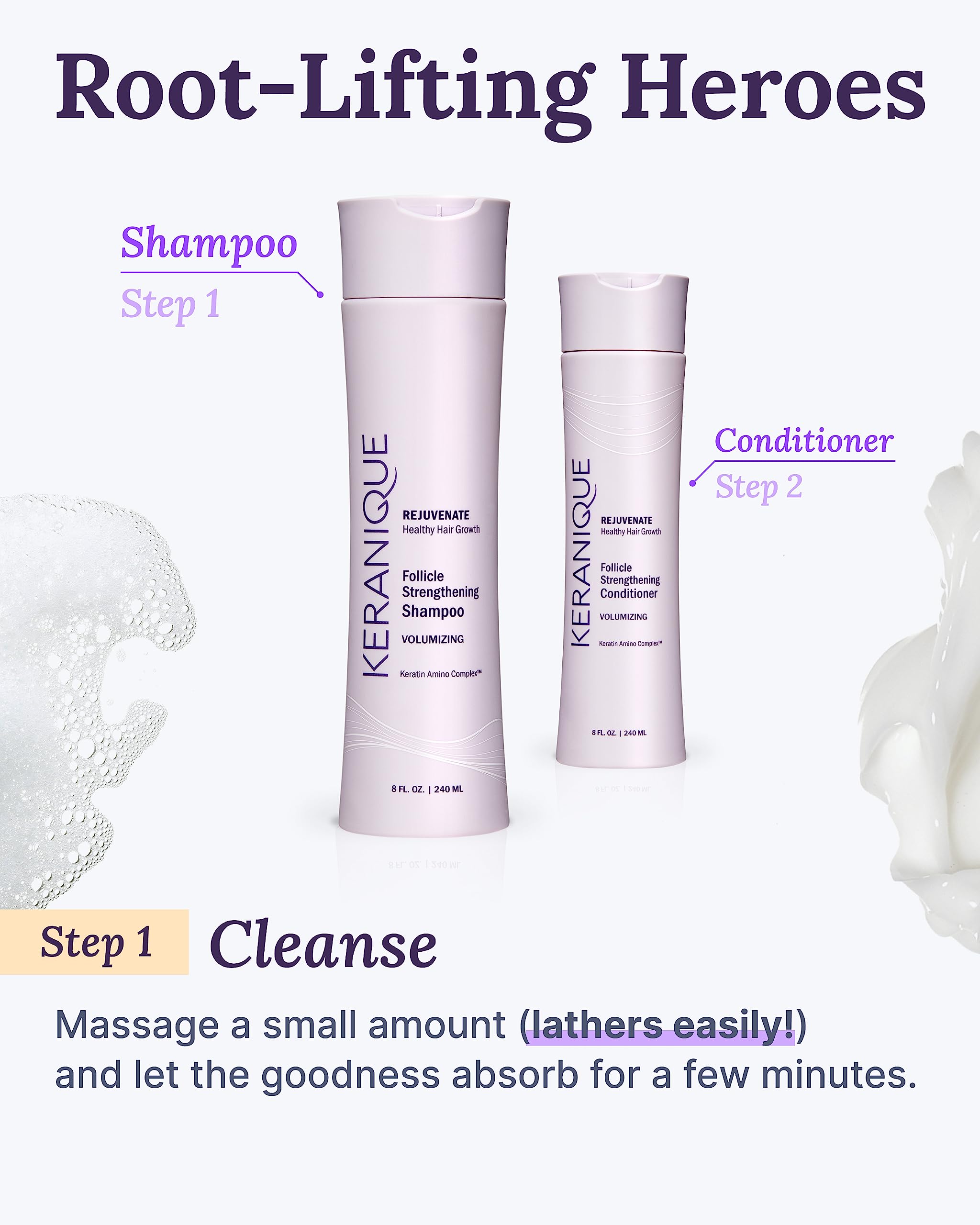 Close-up of Keranique Volume Shampoo on smooth, shiny hair strands.