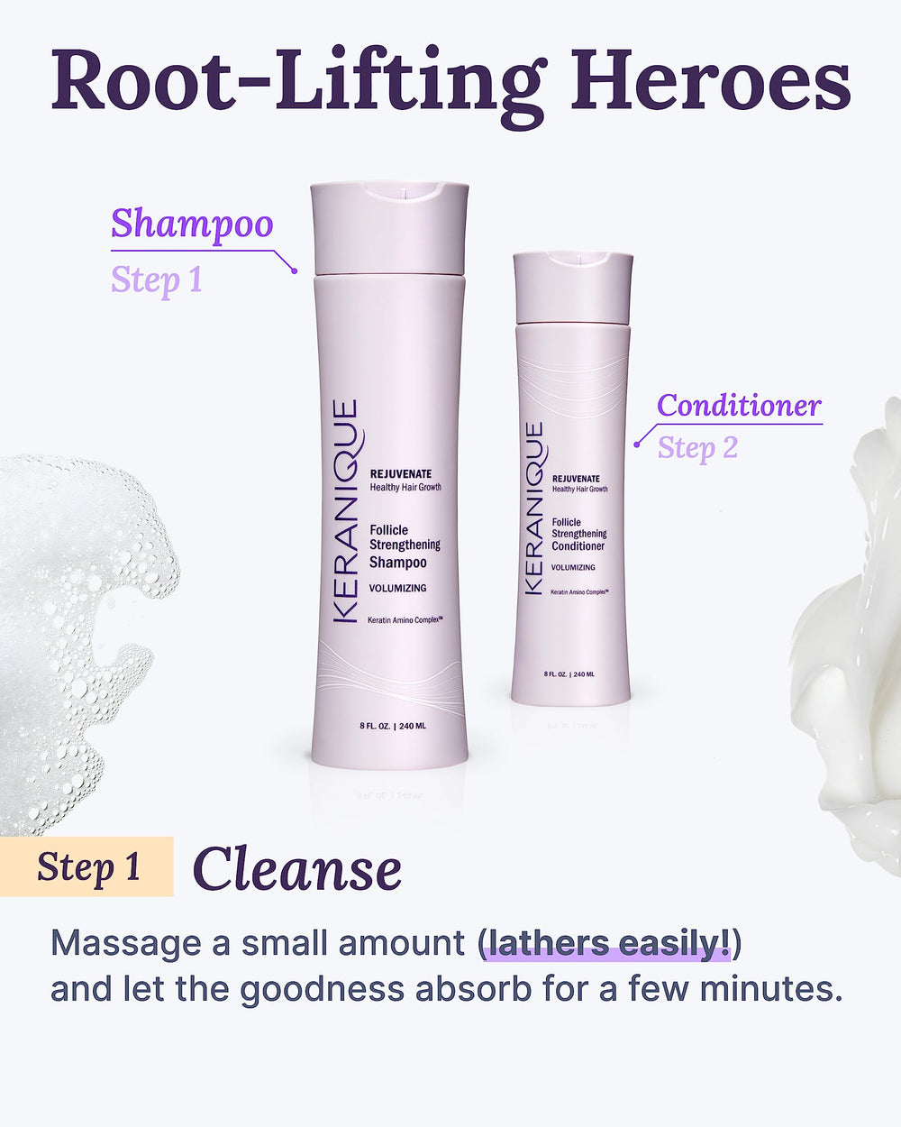 Close-up of Keranique Volume Shampoo on smooth, shiny hair strands.
