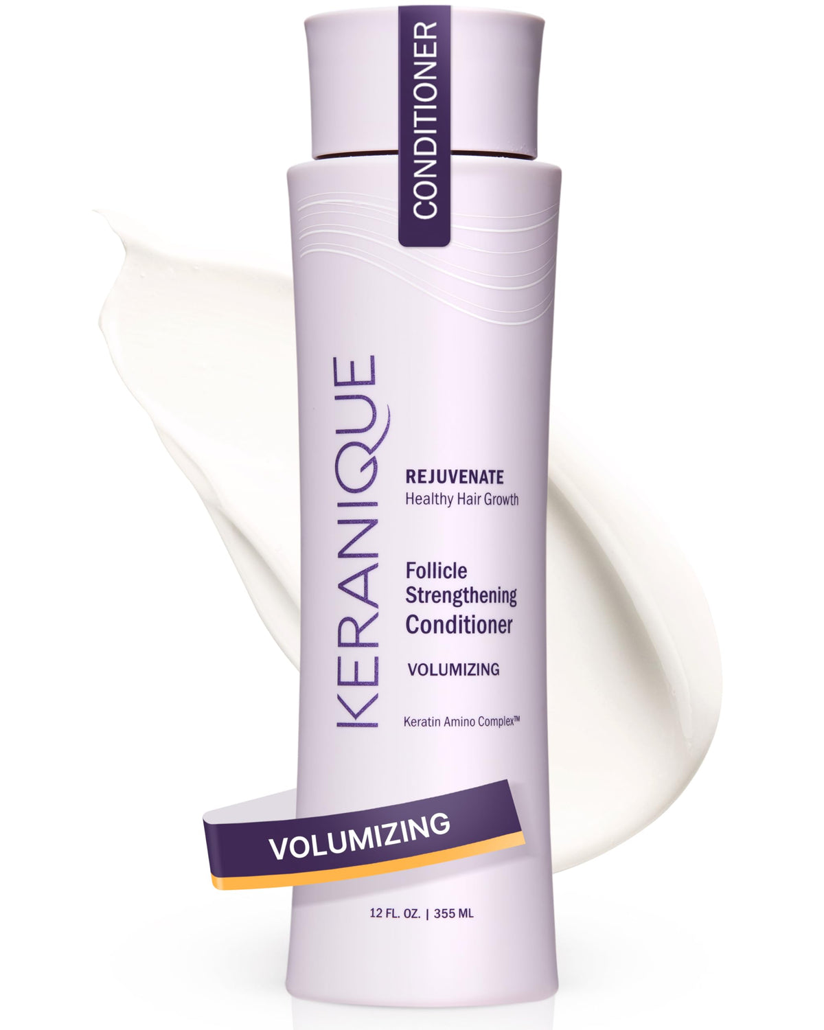 Keranique voluminizing conditioner bottle enhances fullness for fine hair