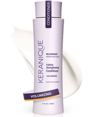 Keranique voluminizing conditioner bottle enhances fullness for fine hair