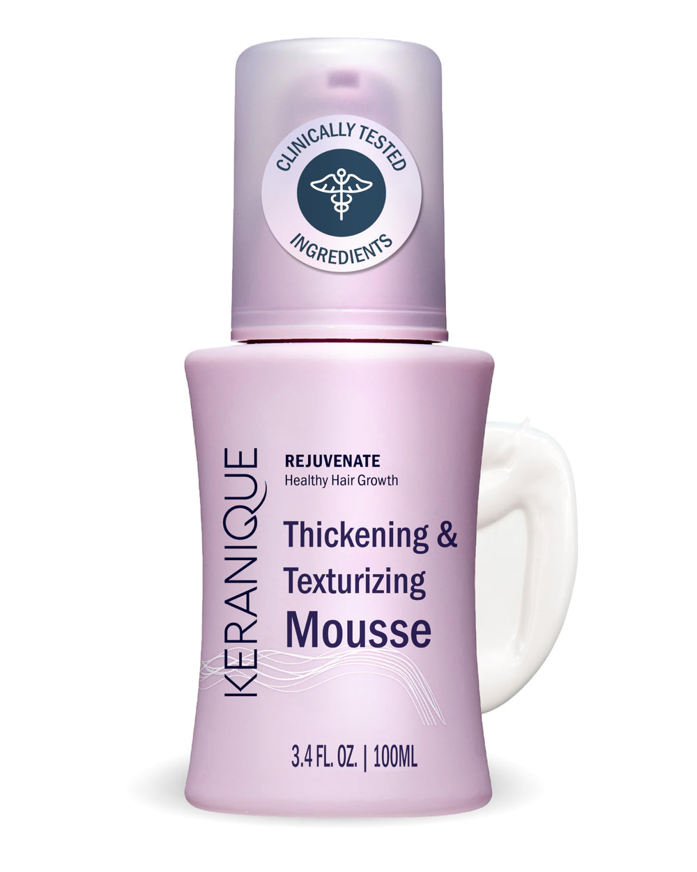 Keranique Volumizing Mousse bottle pouring for instant lift and body.