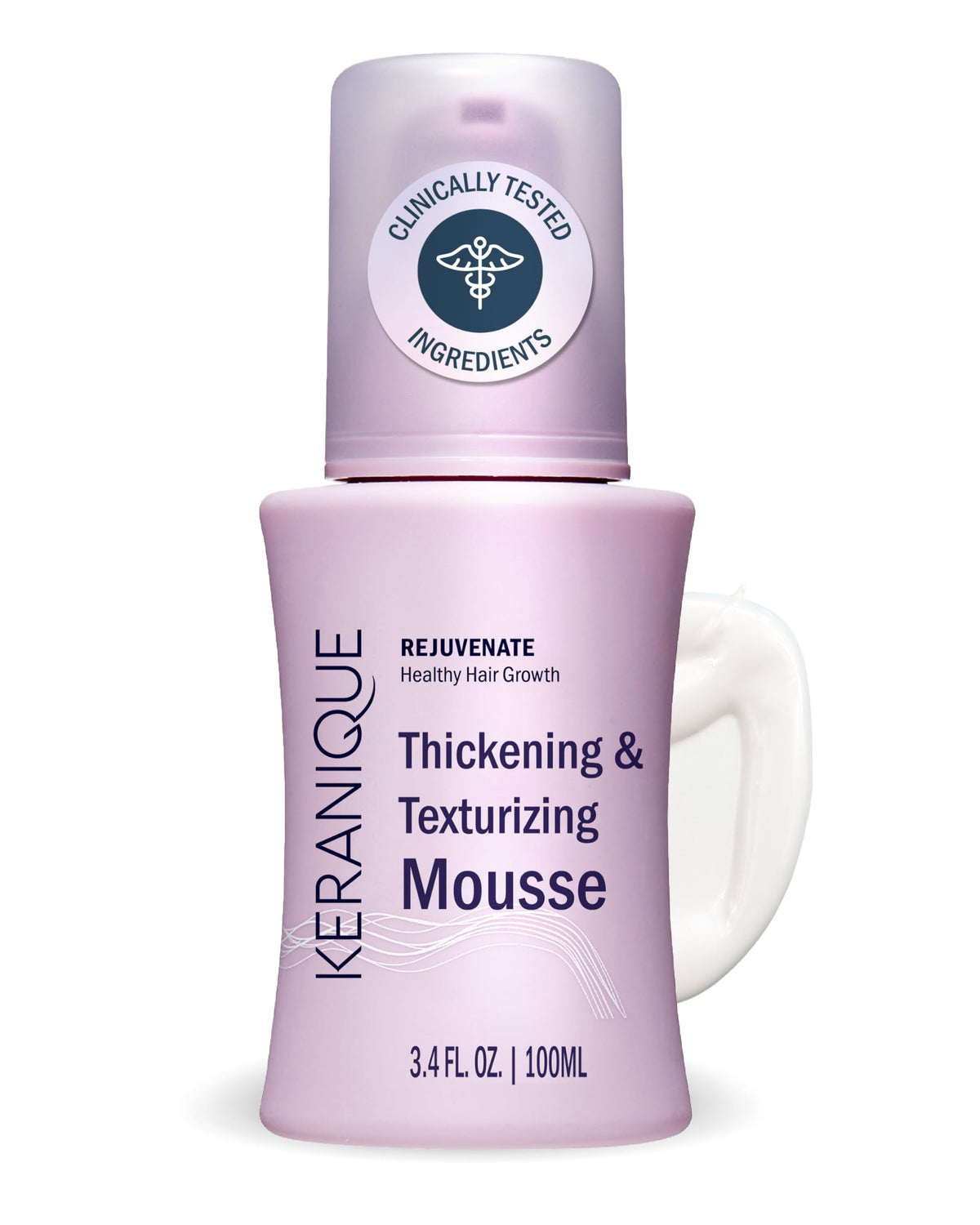 Keranique Volumizing Mousse bottle pouring for instant lift and body.