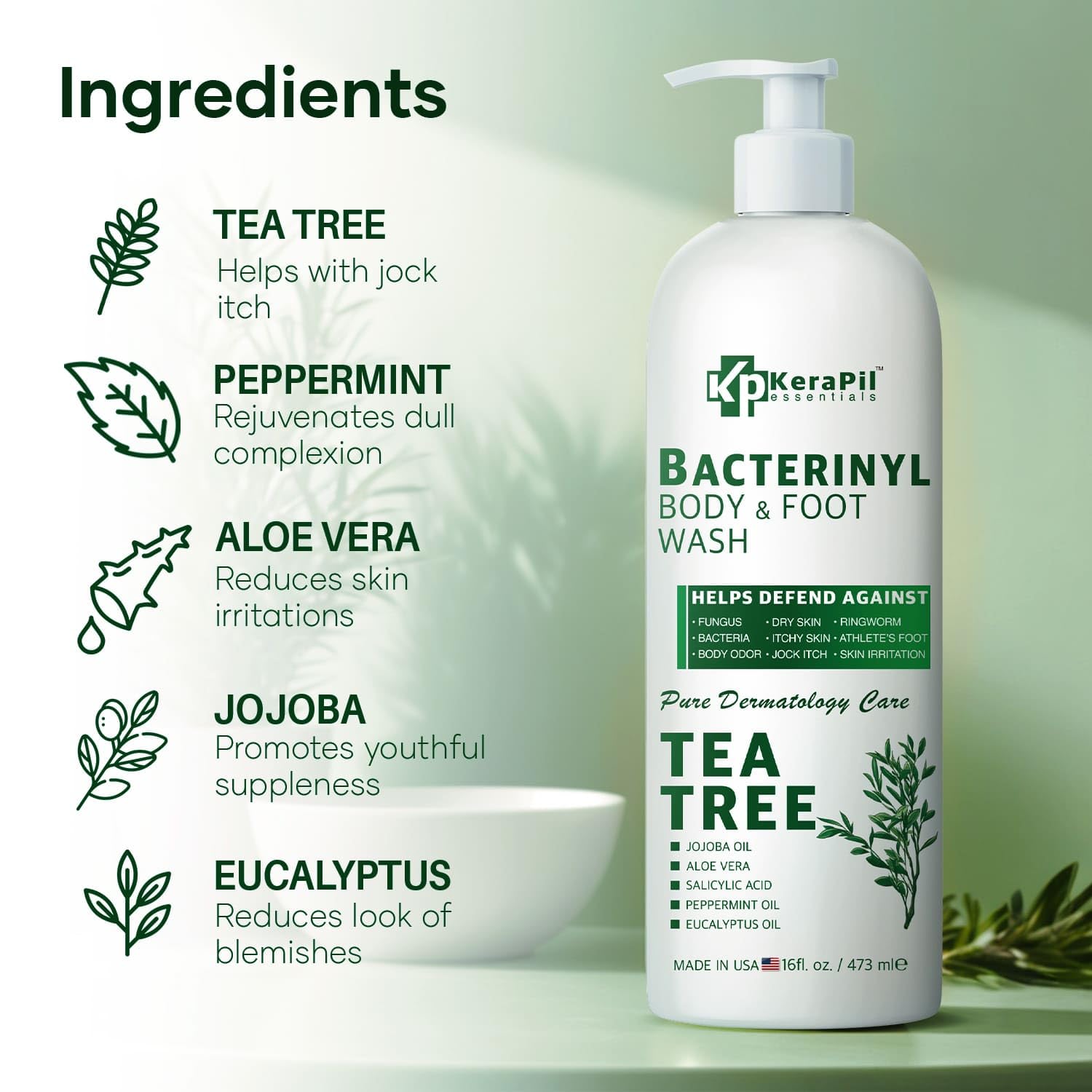 KERAPIL Bacterinyl Tea Tree Oil Body Wash back label lists ingredients like peppermint and eucalyptus for freshness.