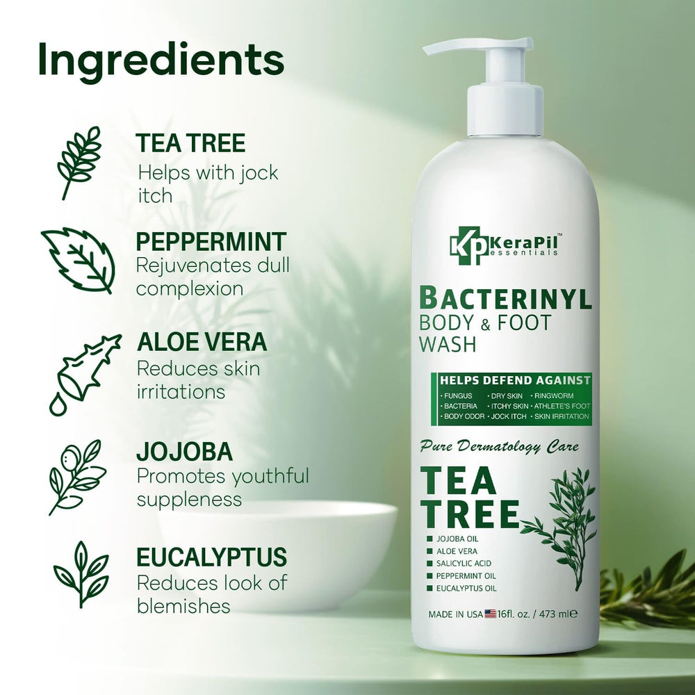 KERAPIL Bacterinyl Tea Tree Oil Body Wash back label lists ingredients like peppermint and eucalyptus for freshness.