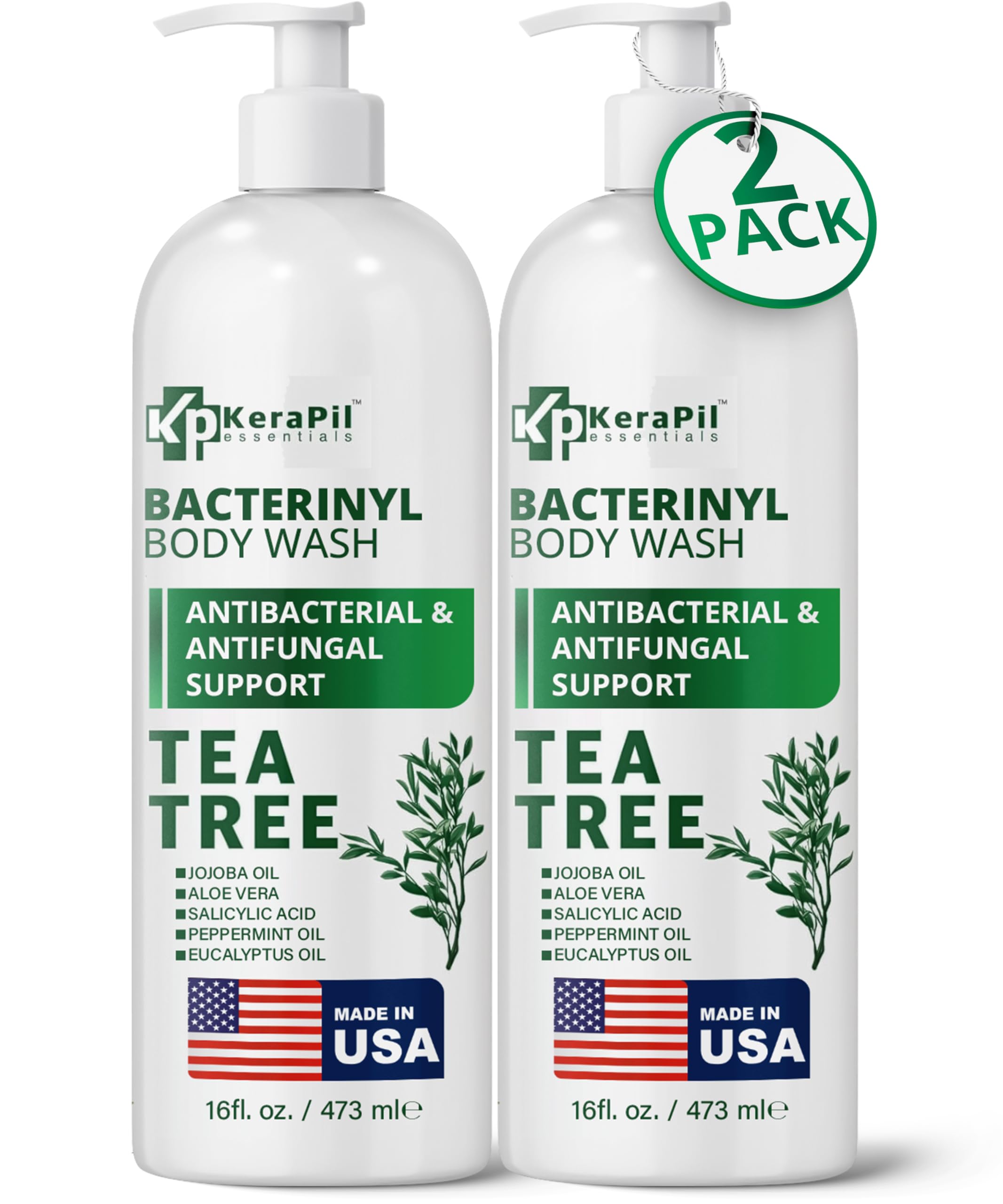 KERAPIL Bacterinyl Tea Tree Oil Body Wash bottle pour view for daily cleansing.