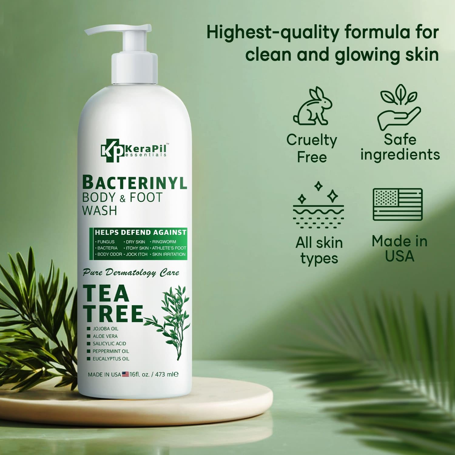 KERAPIL Bacterinyl Tea Tree Oil Body Wash front label highlights tea tree oil for refreshed skin.
