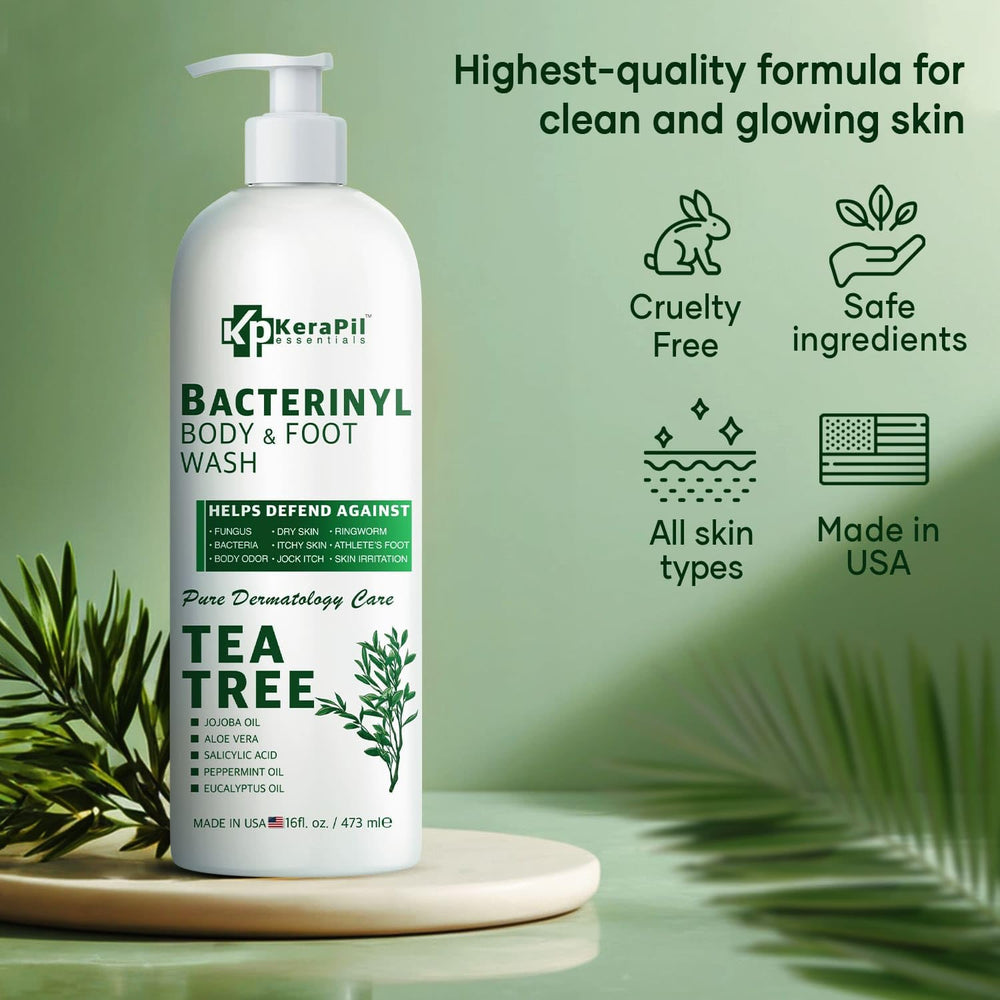 KERAPIL Bacterinyl Tea Tree Oil Body Wash front label highlights tea tree oil for refreshed skin.
