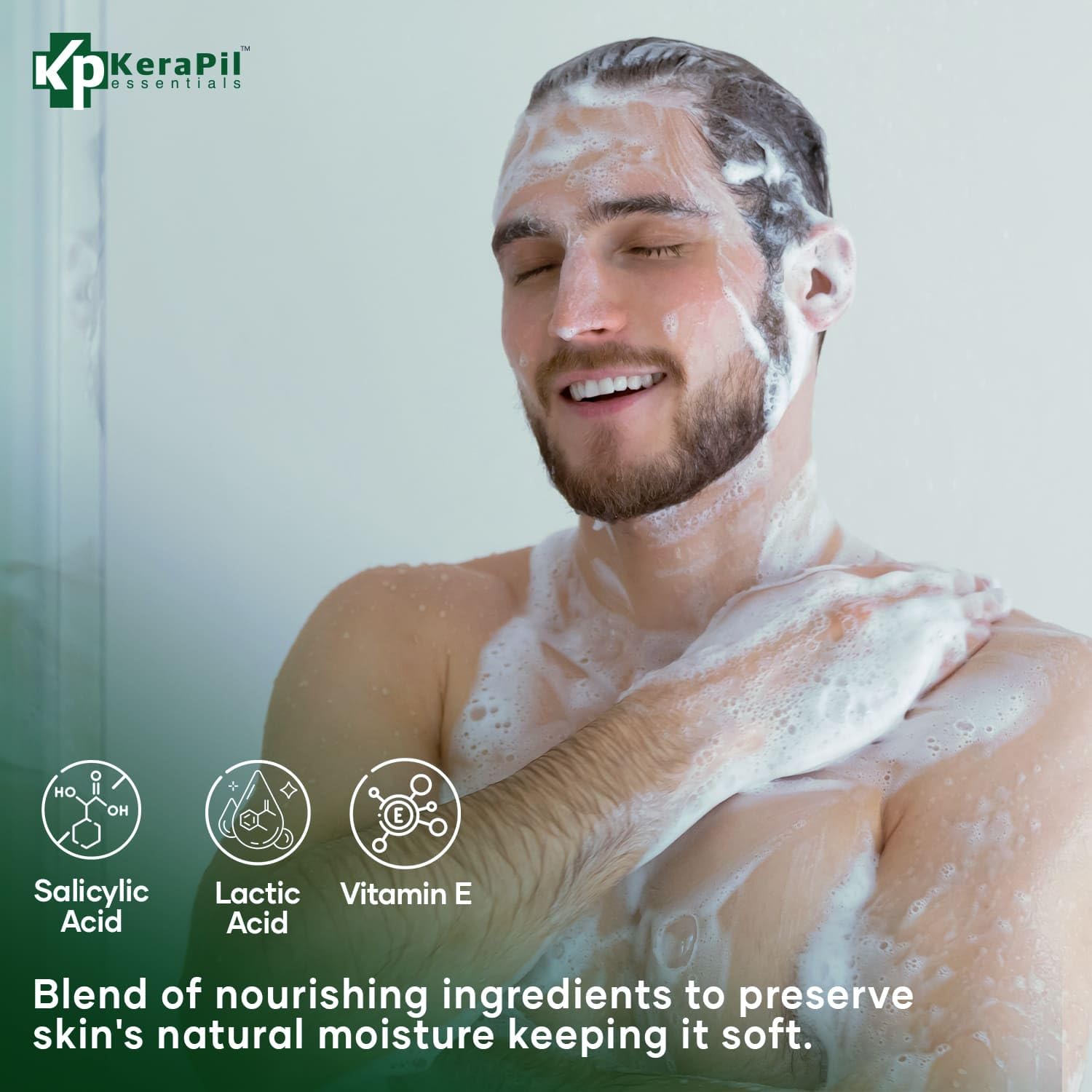 KERAPIL Bacterinyl Tea Tree Oil Body Wash ingredients scene featuring peppermint and eucalyptus cooling notes.