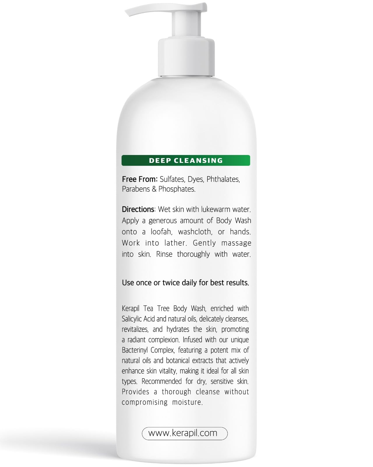 KERAPIL Bacterinyl Tea Tree Oil Body Wash spa-like setup with towels and plants.