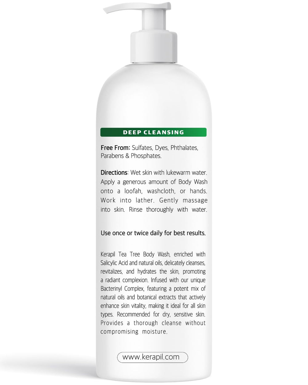 KERAPIL Bacterinyl Tea Tree Oil Body Wash spa-like setup with towels and plants.