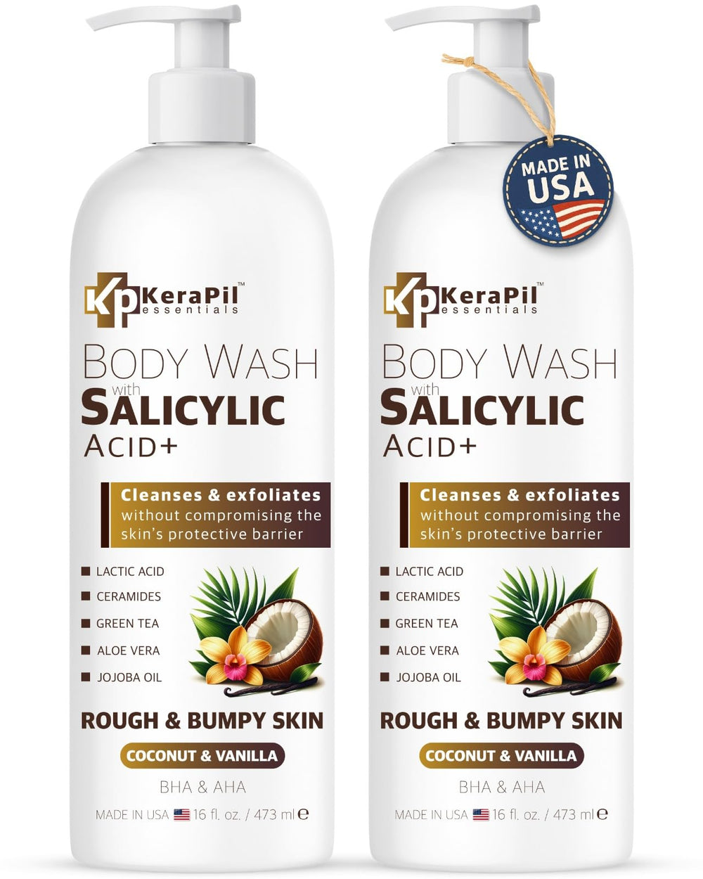KERAPIL Exfoliating Body Wash bottle with salicylic acid for smoother skin.