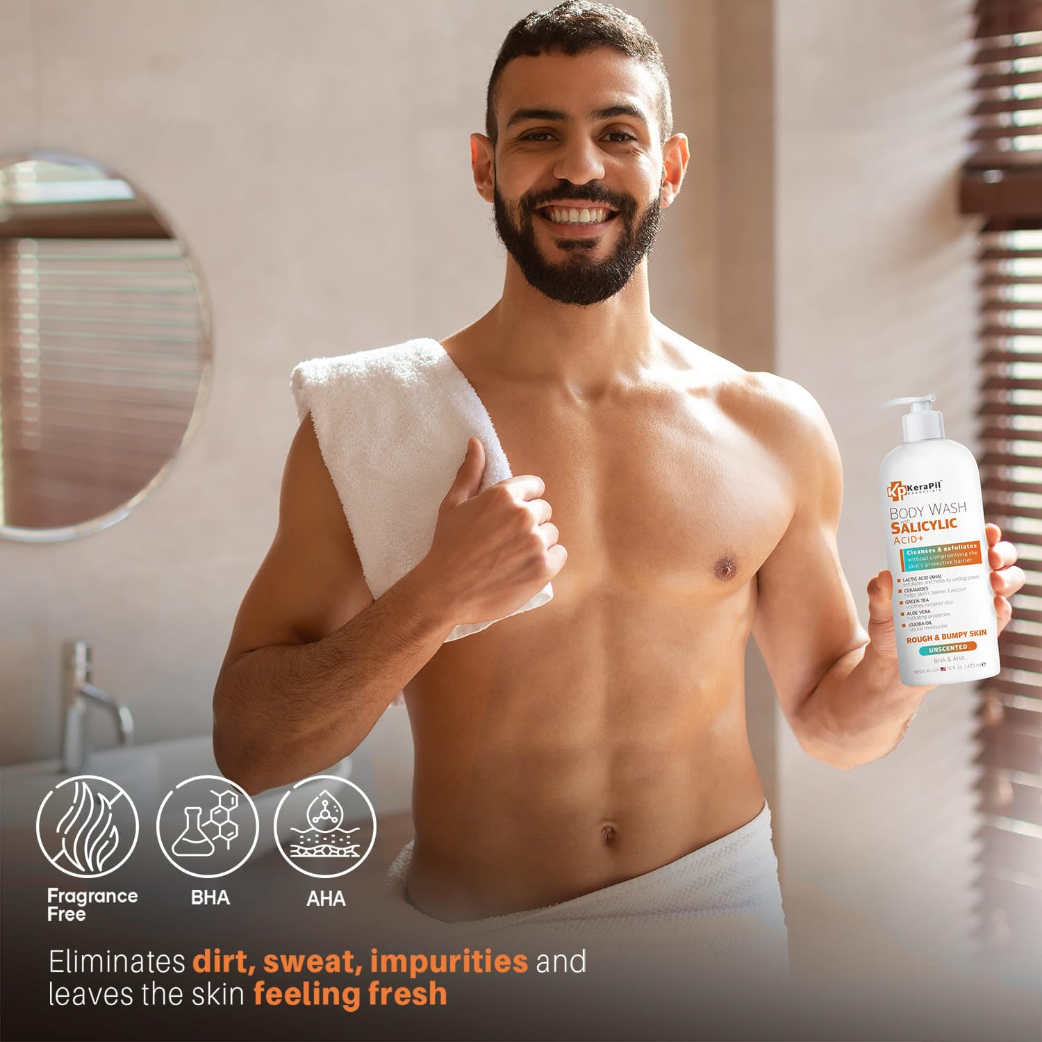 Bathroom scene with KERAPIL body wash in the shower.