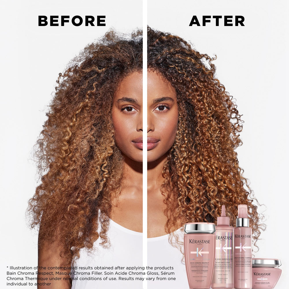 Kérastase Chroma Respect shampoo being applied for a gentle cleansing routine.