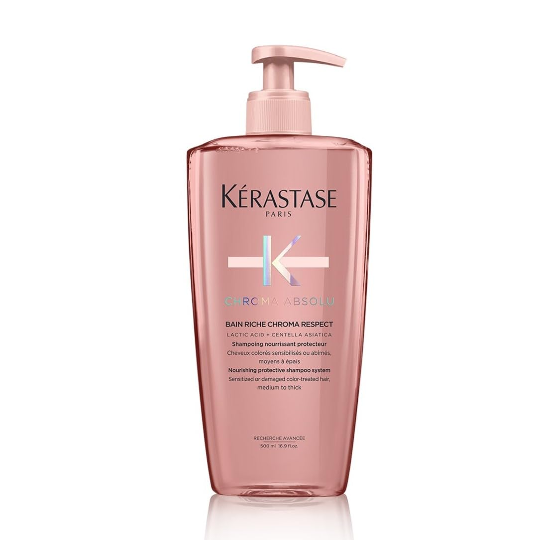 Kérastase Chroma Respect shampoo bottle shows color protection and rich nourishment for hair.