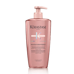 Kérastase Chroma Respect shampoo bottle shows color protection and rich nourishment for hair.