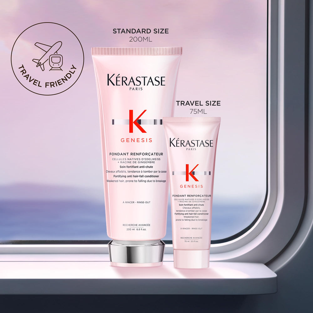KÉRASTASE Genesis conditioner texture on hand emphasizing rich, detangling cream.