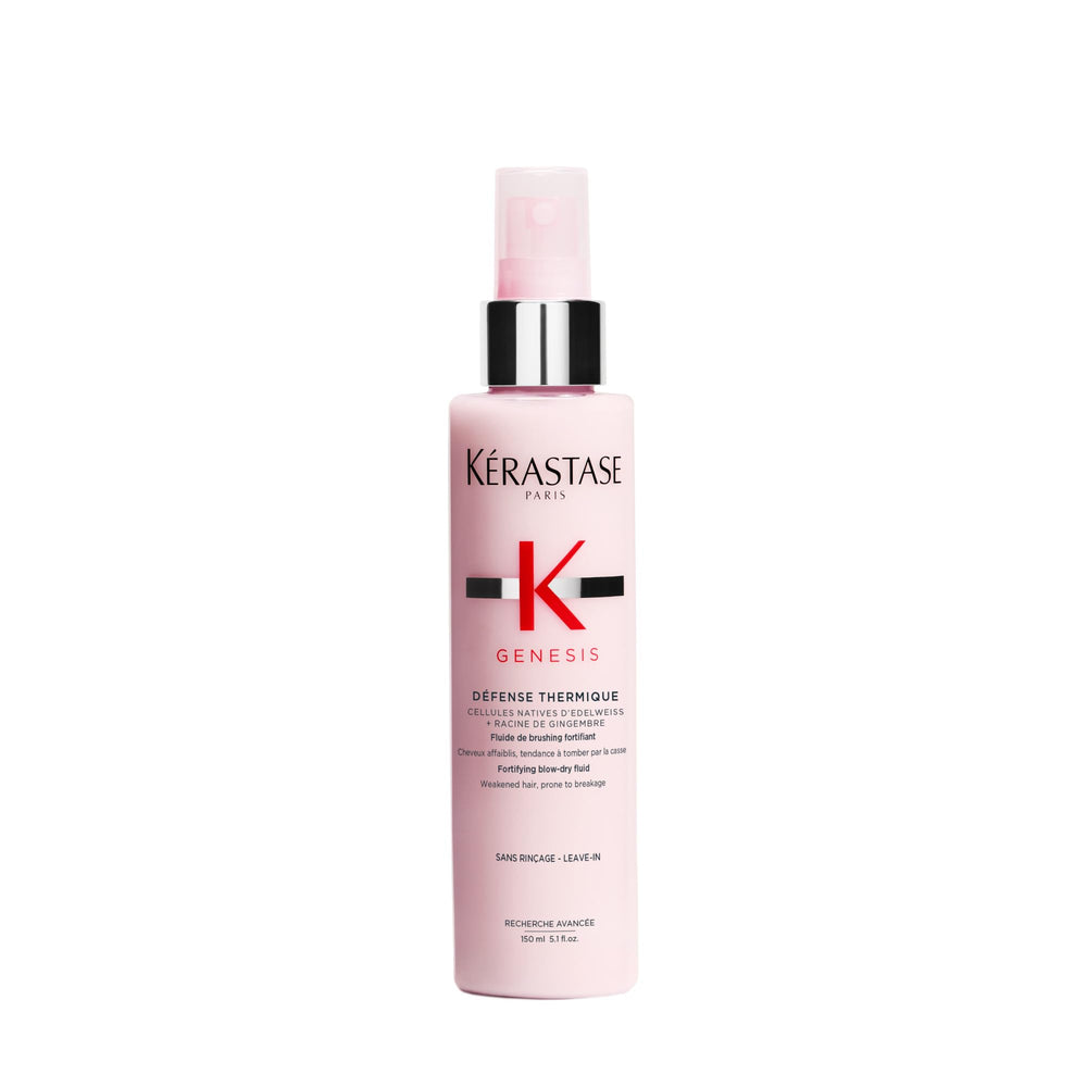 Kerastase Genesis Thermique bottle with pour demonstrates heat protection for lengths