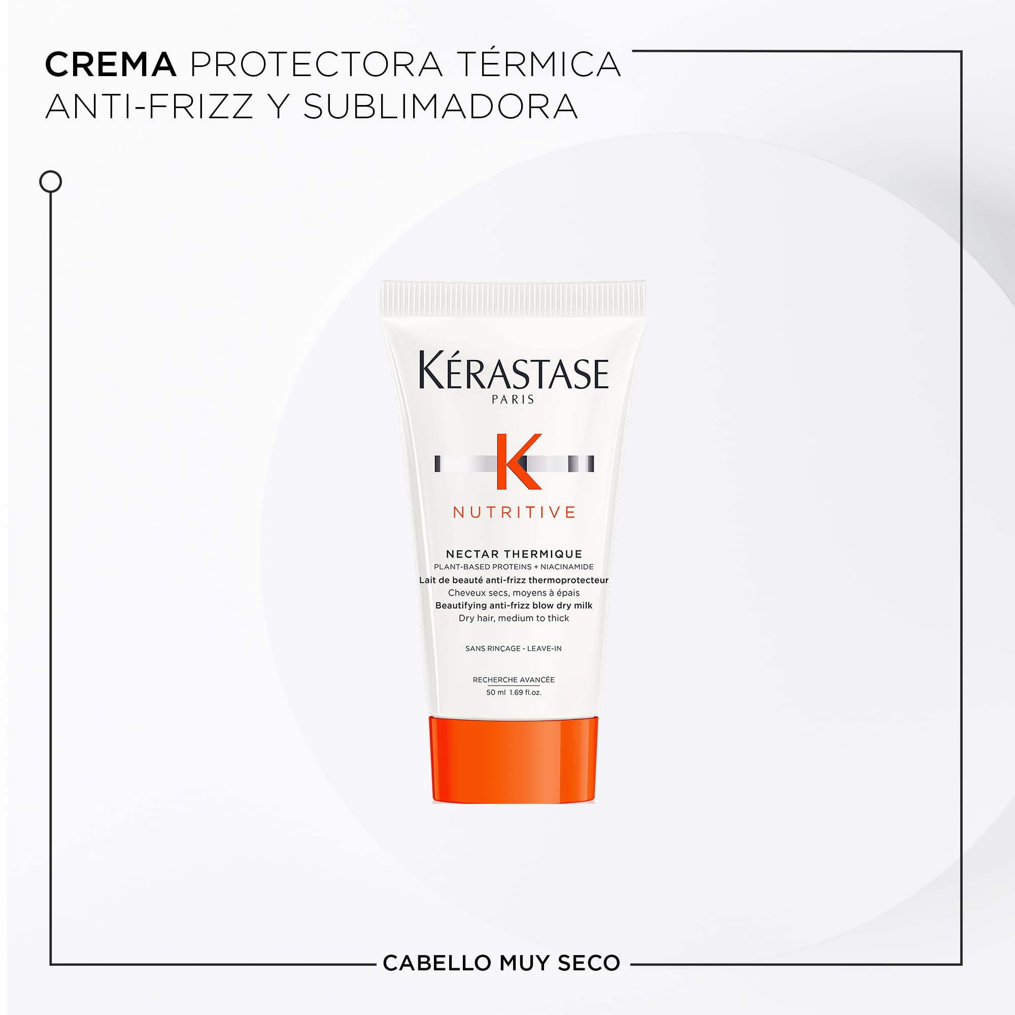Kérastase Nutritive leave-in cream bottle illustrating heat protection and frizz control.