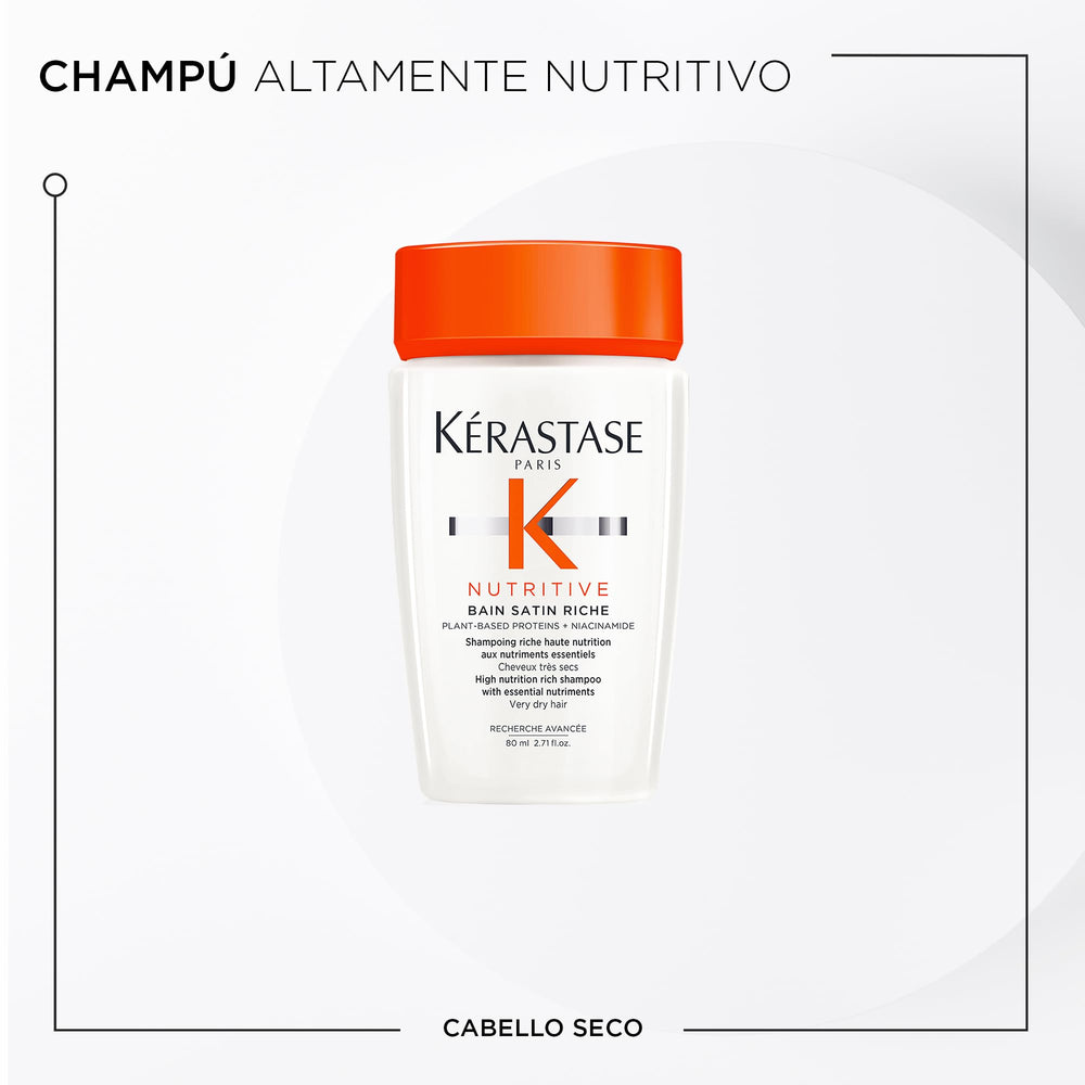 Kérastase Nutritive shampoo bottle close-up emphasizing moisture delivery for dry hair.