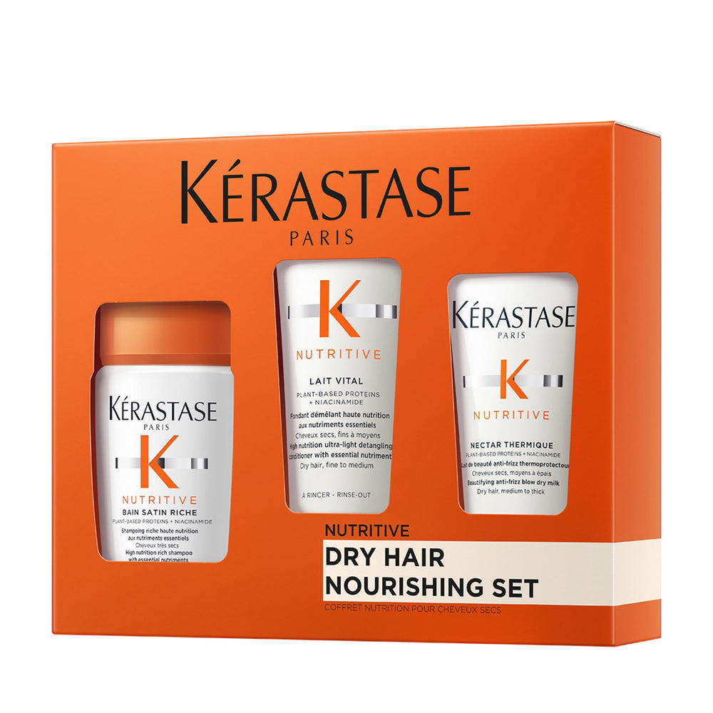 Kérastase Nutritive Discovery Set travel bottles on vanity, showcasing hydration-ready luxury.