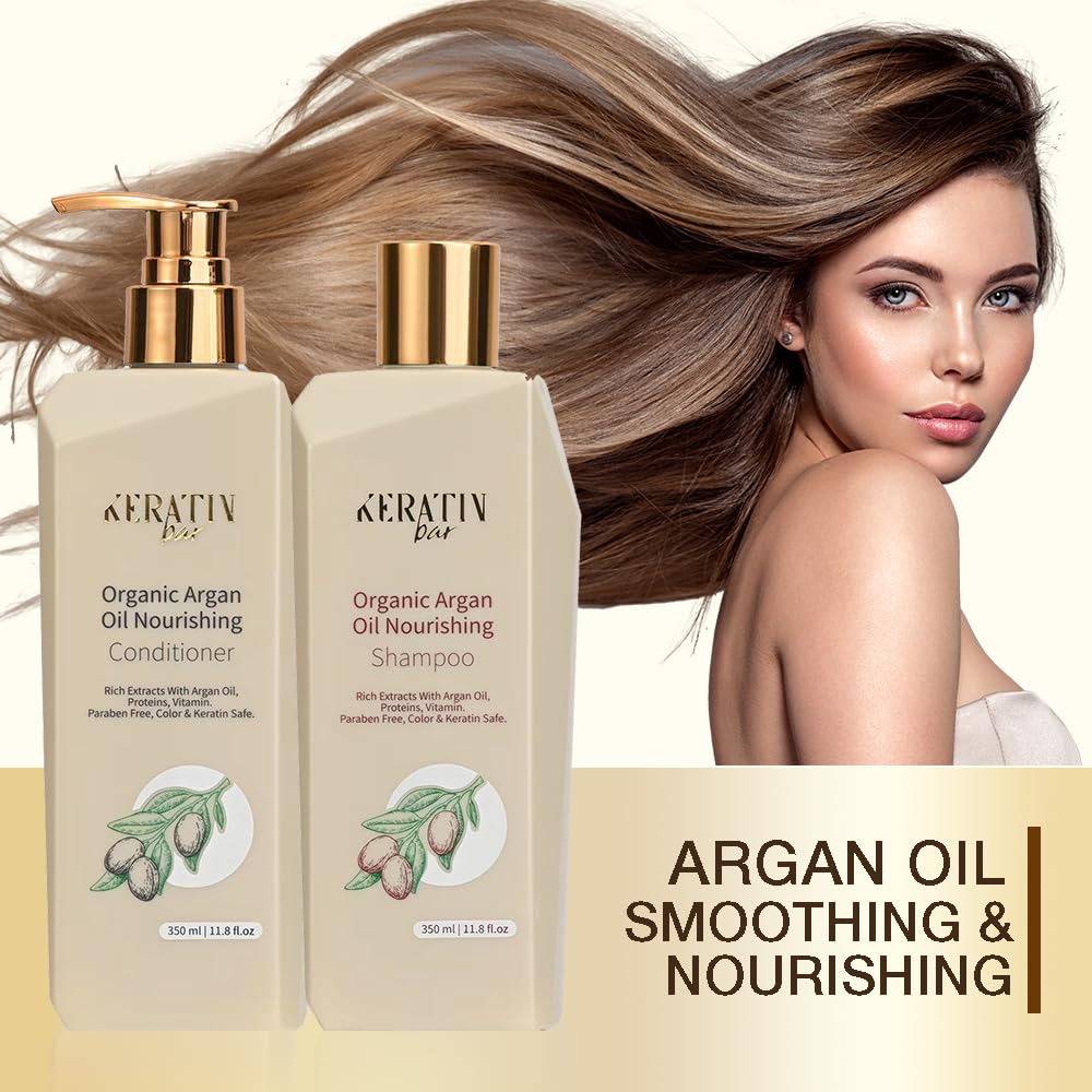 KERATIN BAR Argan Oil Conditioner bottle highlighting moisturizing and detangling benefits.