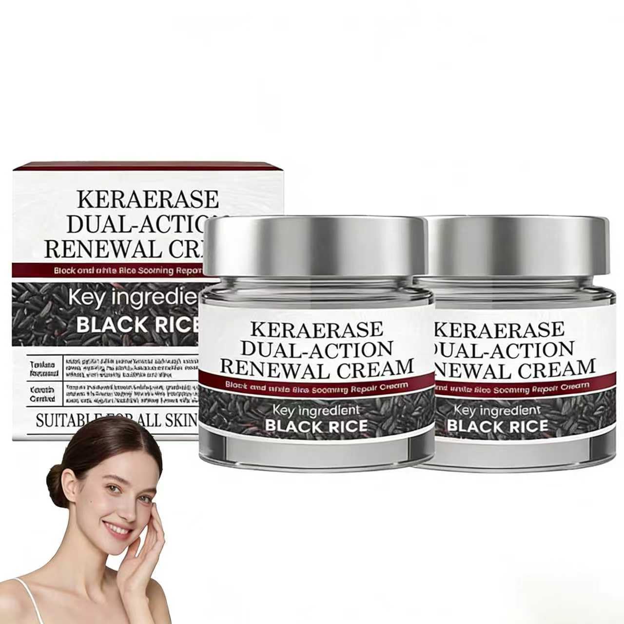 Keratin Erase bottle shows dual-action cream for daily hydration.