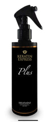 Keratin Express Plus bottle closeup for salon smoothing results.