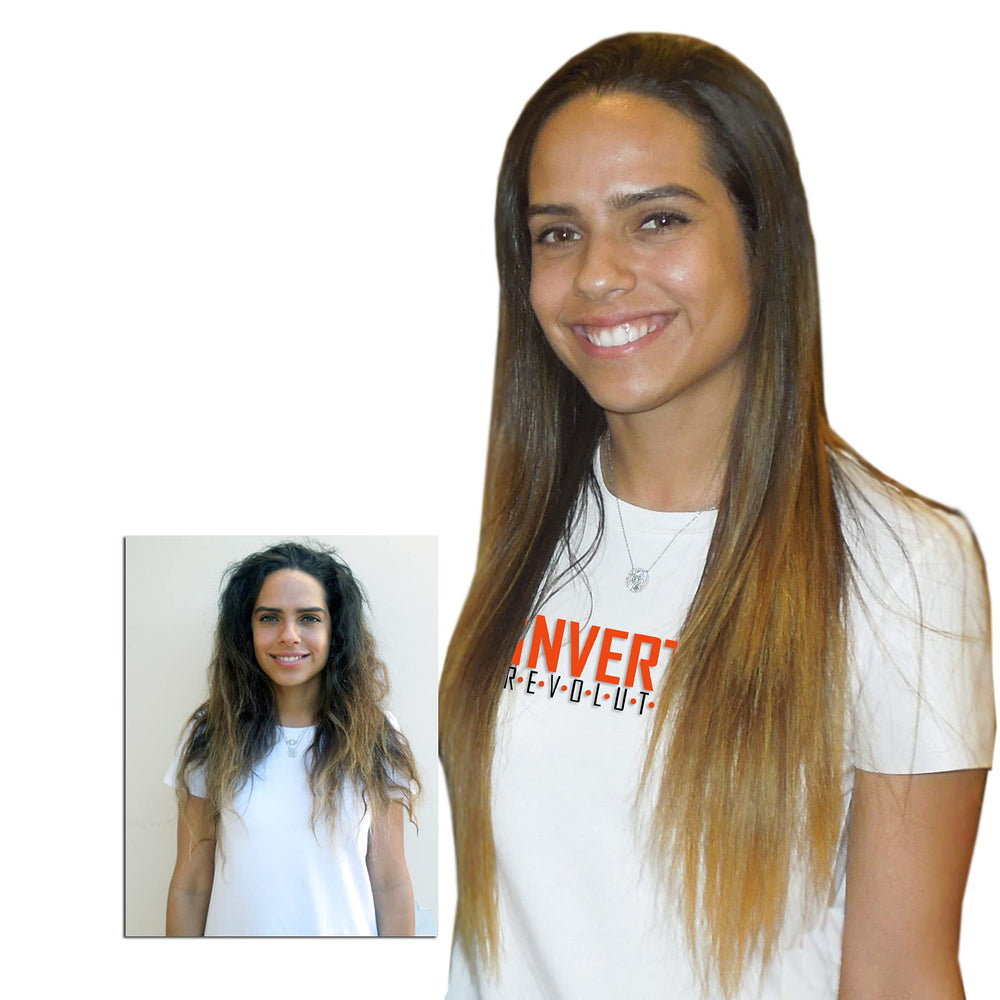 Inverto clarifying shampoo bottle readying hair for frizz-free results.