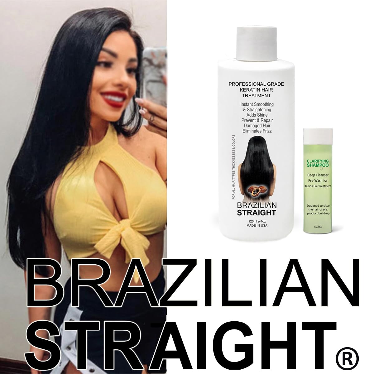 KERATIN RESEARCH Real Brazilian Straight post-care shampoo and conditioner support long-lasting results.