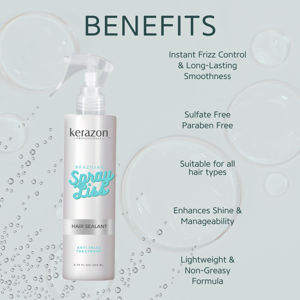 Kerazon Brazilian Spray Liss applied to damp hair for detangling and smooth distribution.