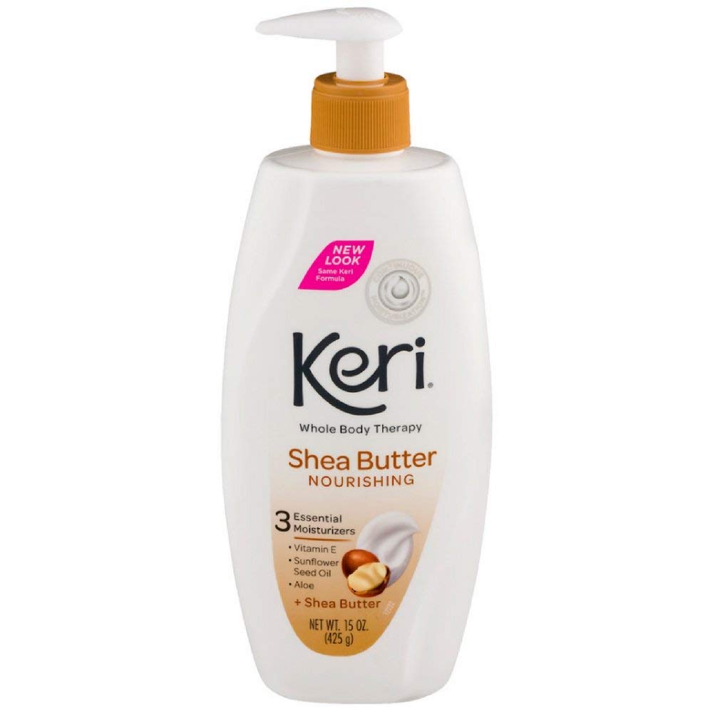 Keri nourishing shea butter lotion bottle in a four-pack, delivering long-lasting hydration for dry skin.