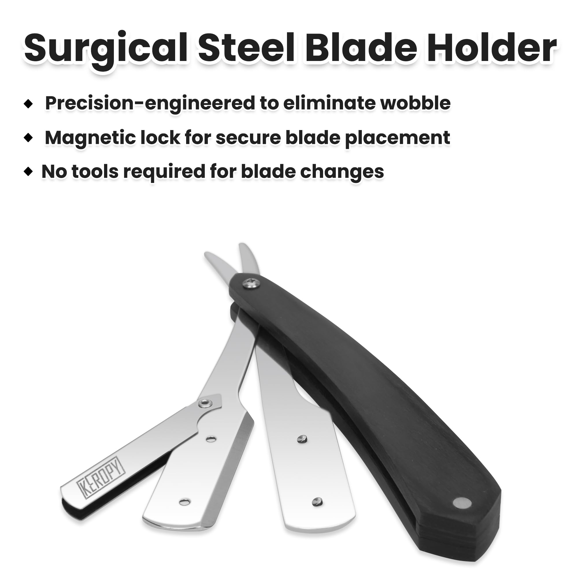 Keropy Shavette ergonomic wooden handle provides stable control during detailed beard shaping.