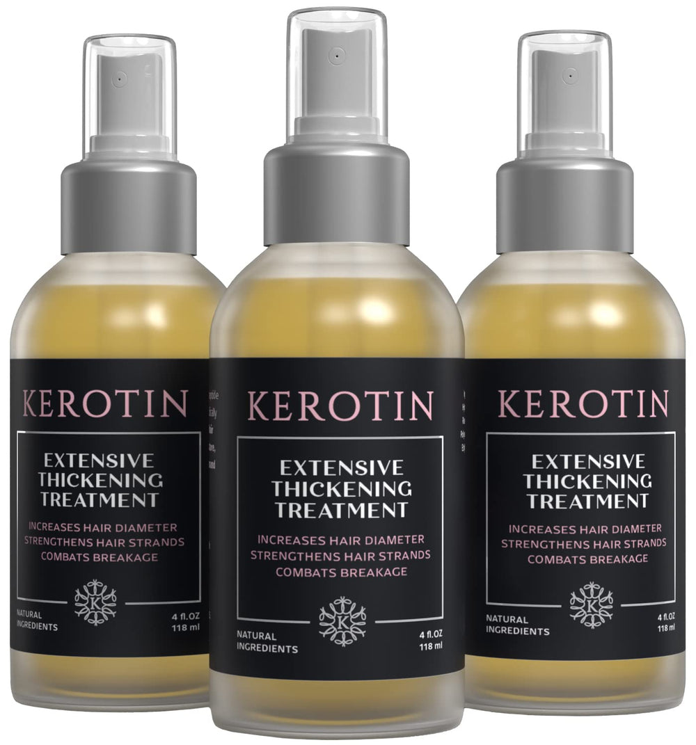 K Kerotin hair thickening spray bottle close-up shows lightweight texture and shine.