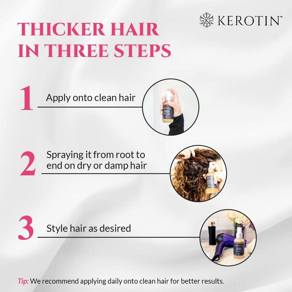 K Kerotin spray in-use on fine hair adds volume and body.