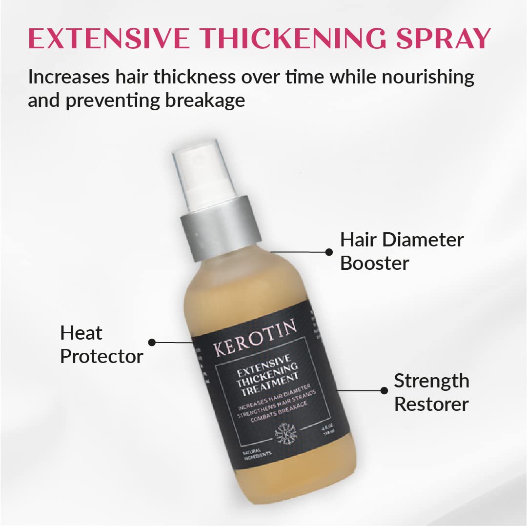 K Kerotin thickening spray root-to-end application demonstrates even coverage for fine hair.