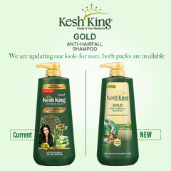 Kesh King Ayurvedic herbs infusion bottle highlights 21 herbs for scalp health.