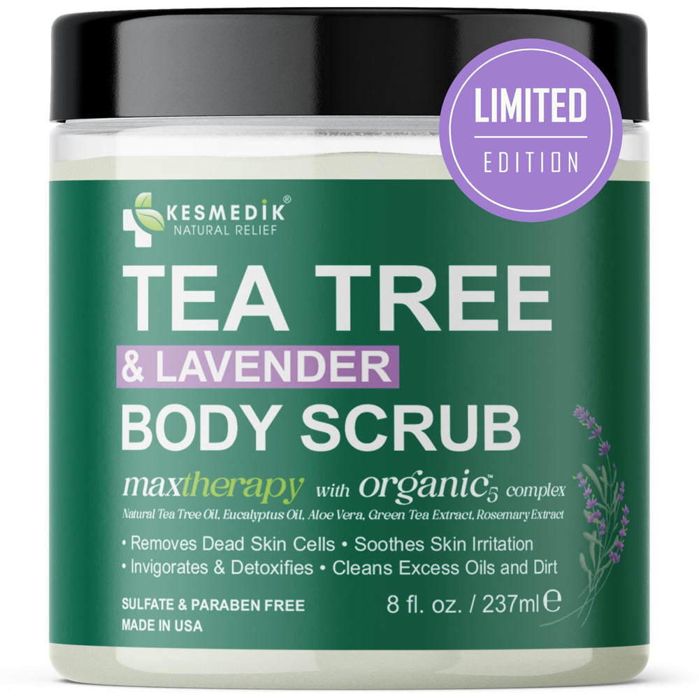 Kesmedik Pure Tea Tree Oil Scrub bottle with Himalayan salt exfoliation for smoother skin