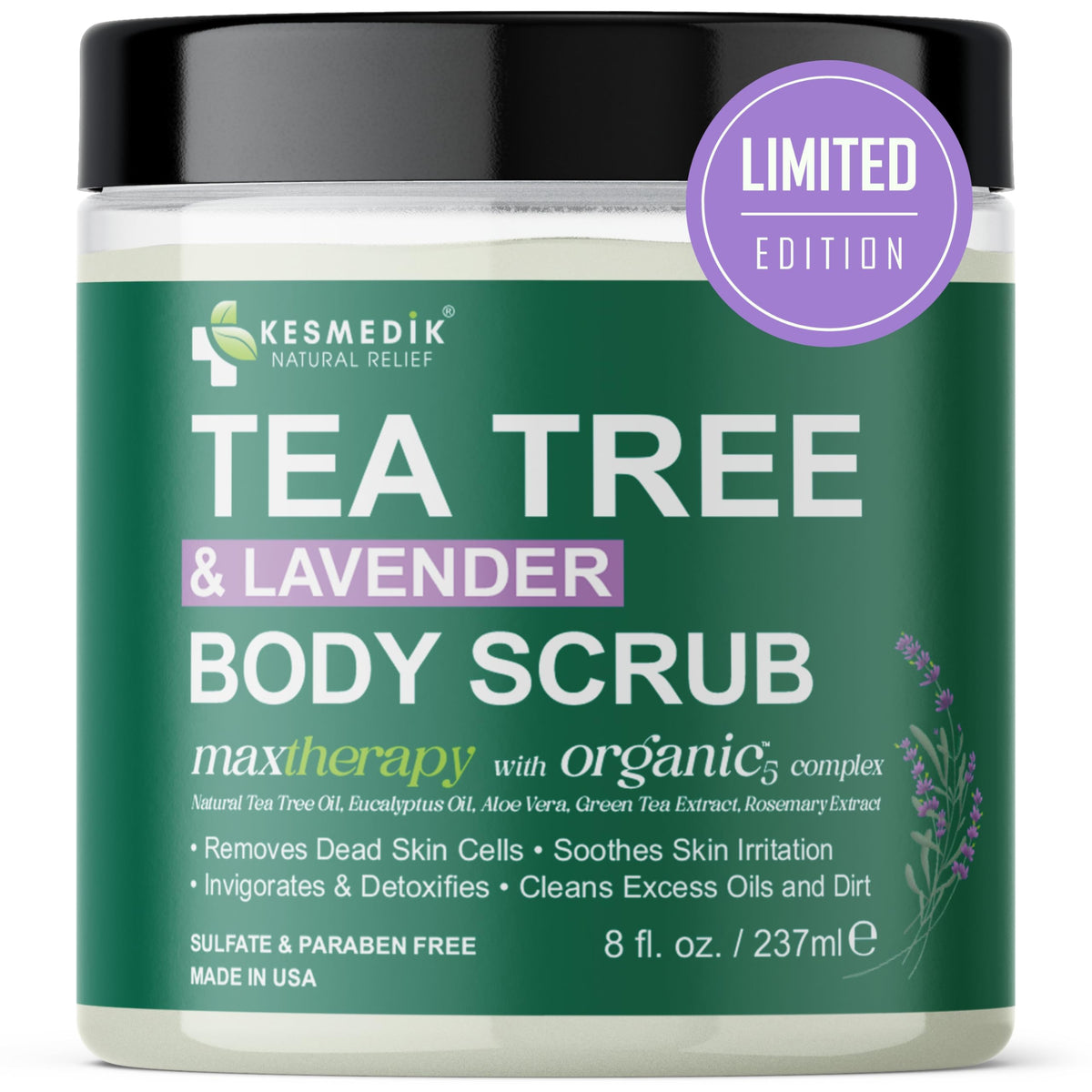 Kesmedik Pure Tea Tree Oil Scrub bottle with Himalayan salt exfoliation for smoother skin