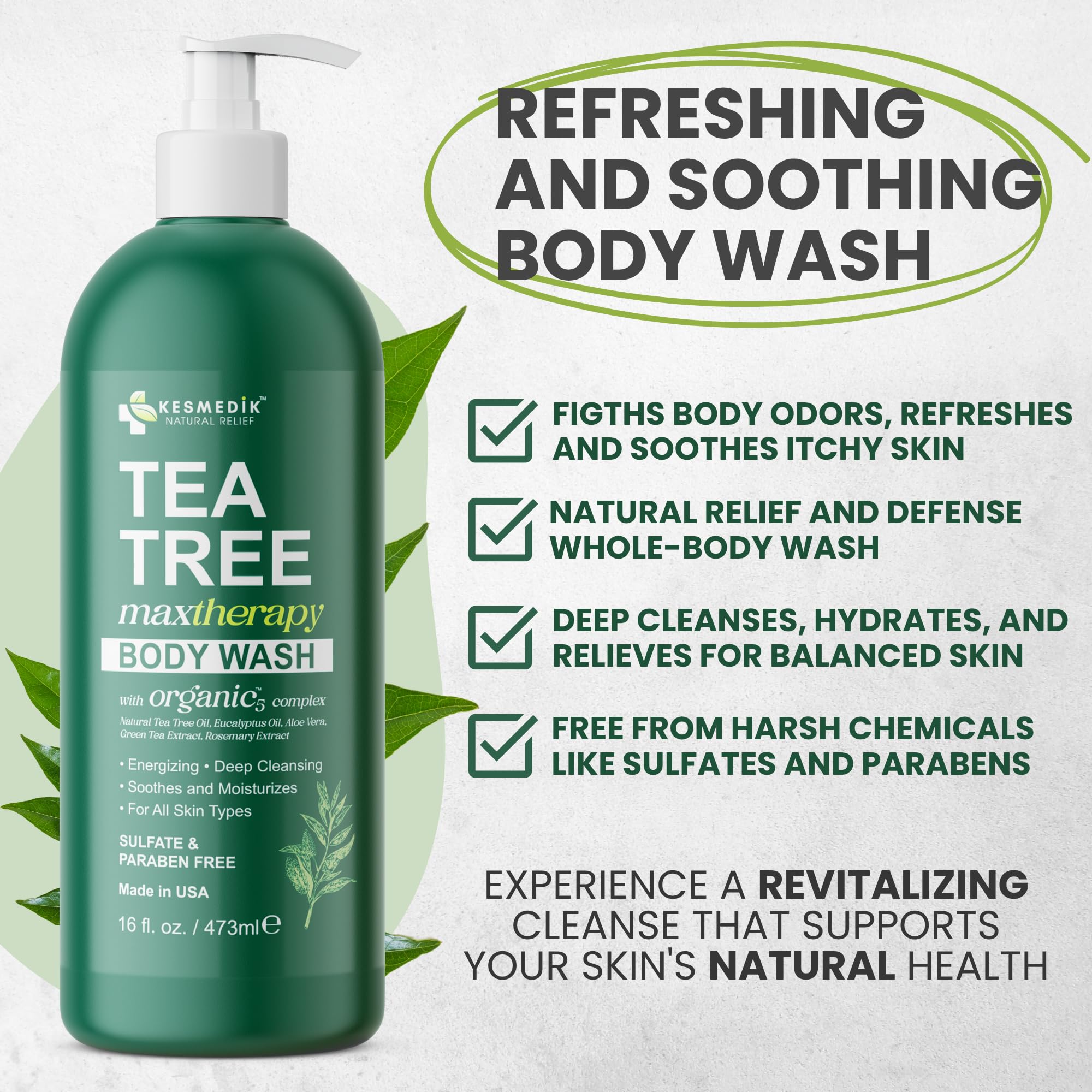 KESMEDIK Tea Tree Body Wash aloe vera leaf beside bottle signals gentle hydration.